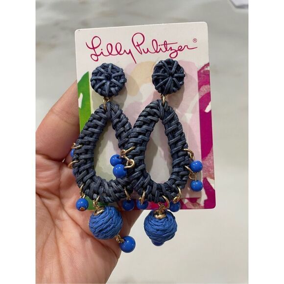 Lilly Pulitzer Raffia Chandelier Drop Earrings Gold Tone & Alba Blue NWT - Picture 2 of 4